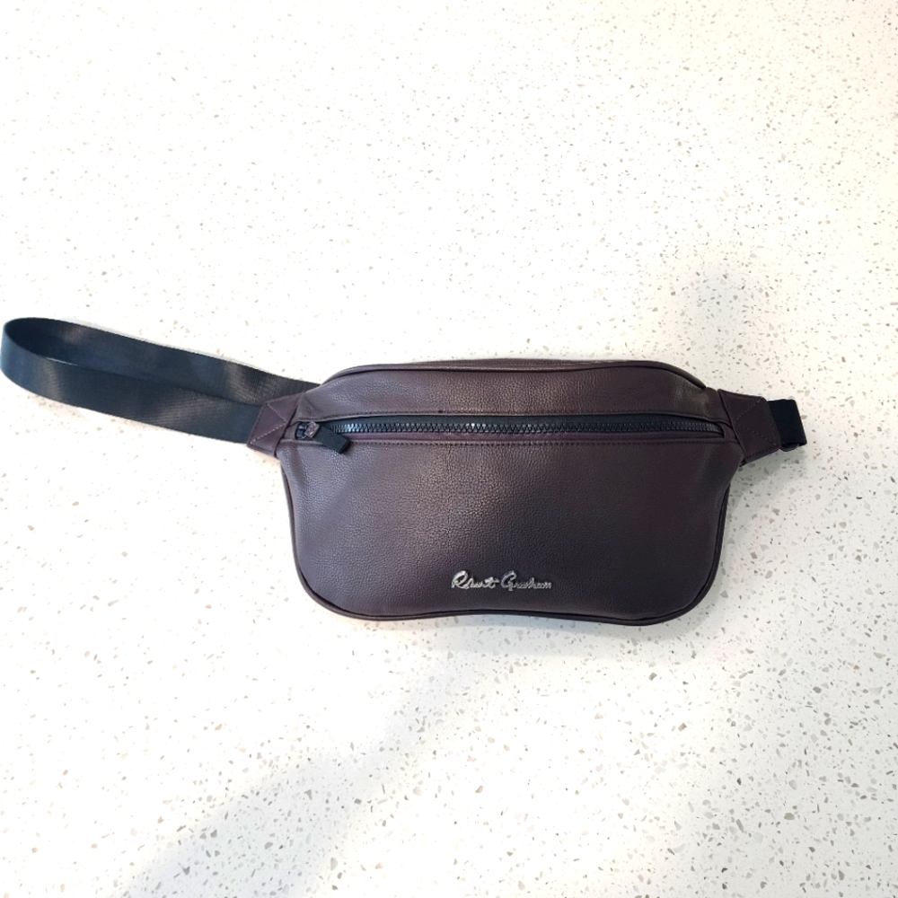 Robert Graham  2-Pocket Fanny Crossbody Belt Bag Adjustable Zip Brown Leather